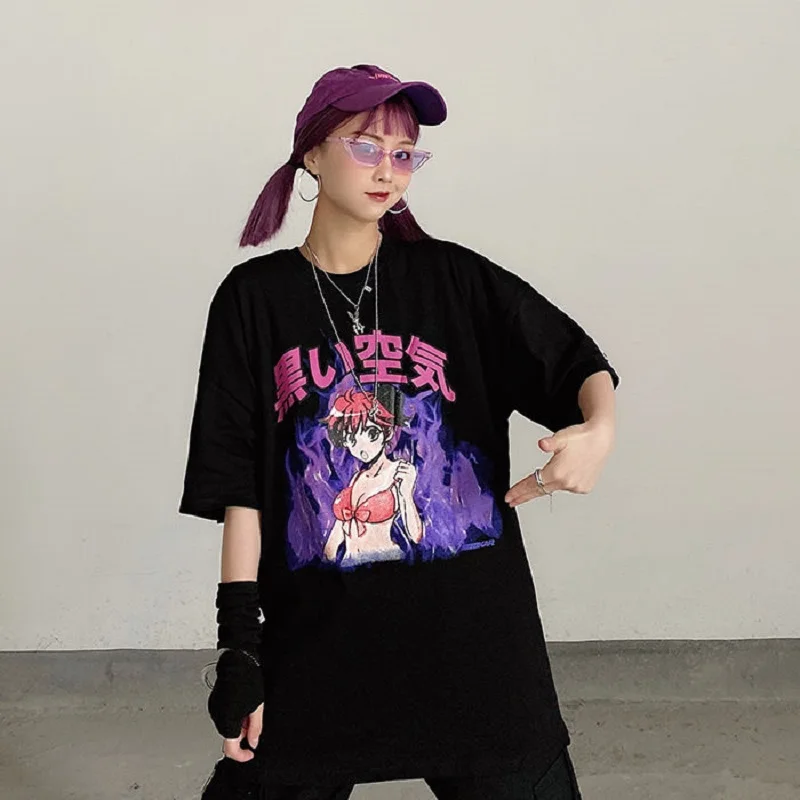 

women Summer tee girl tops Goth Kawaii accessory album Harajuku style cartoon cute Devil print pink T-shirt